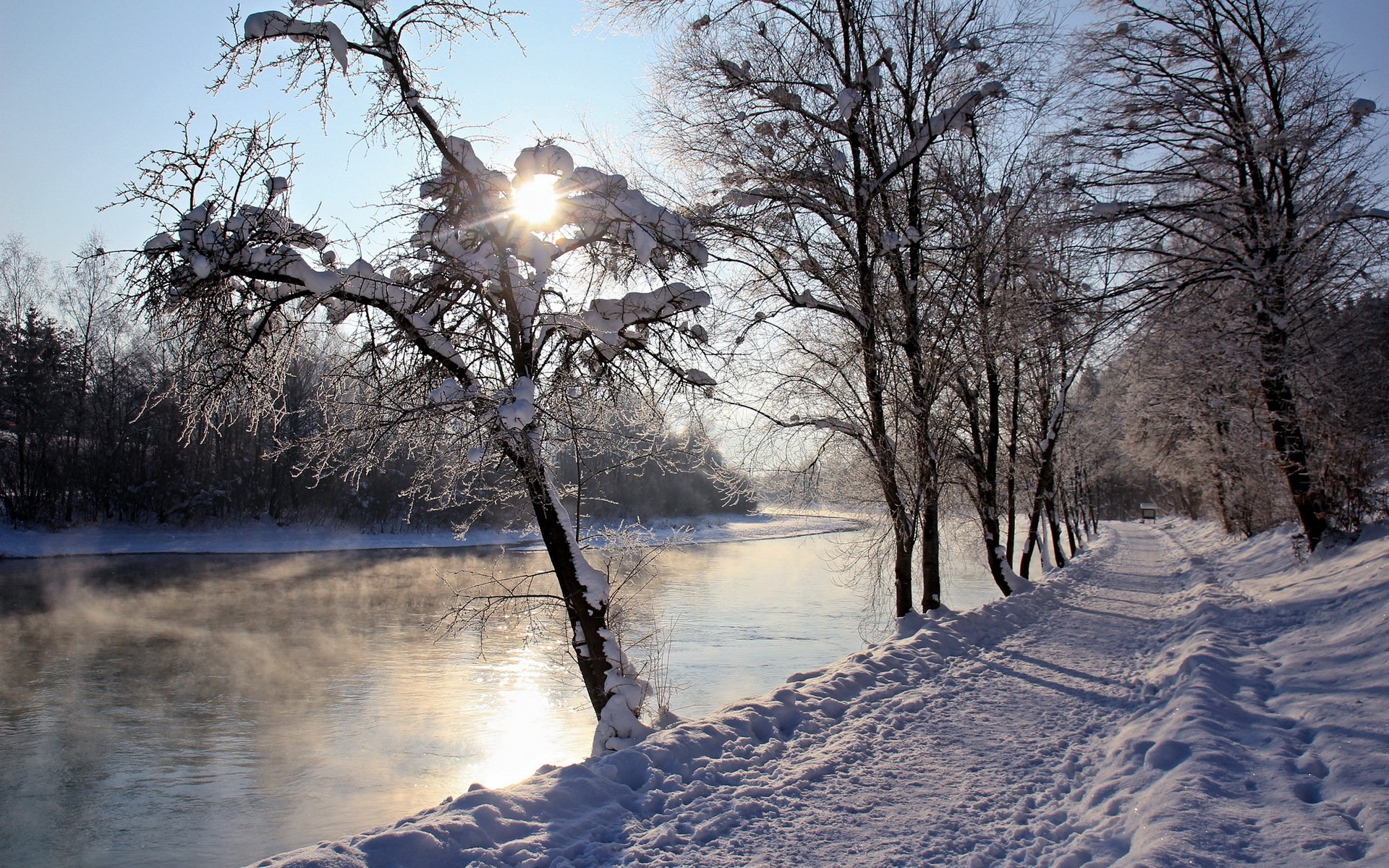 зима река дорога