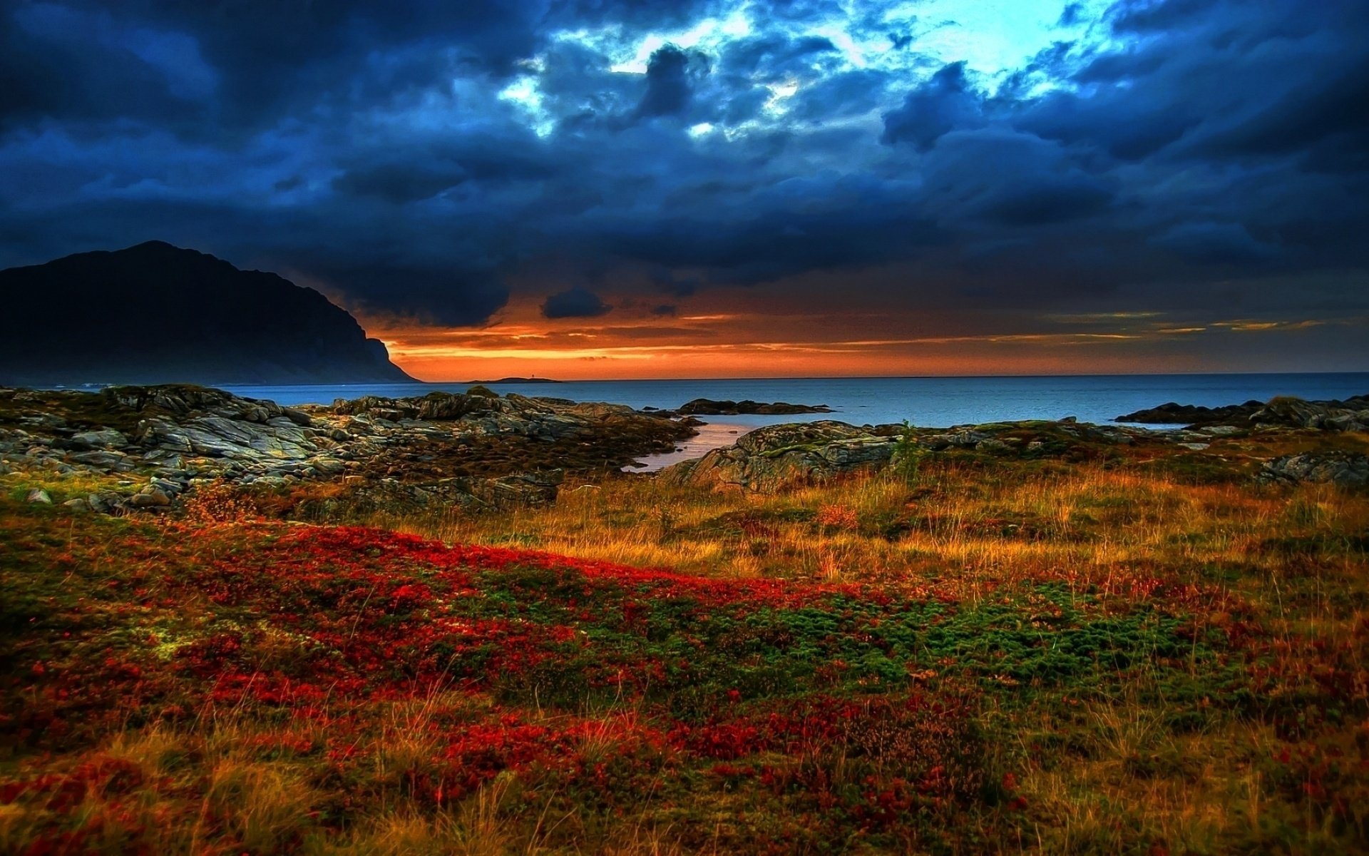 grass rock sea sky dark sunset