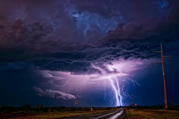 Night road lightning strike