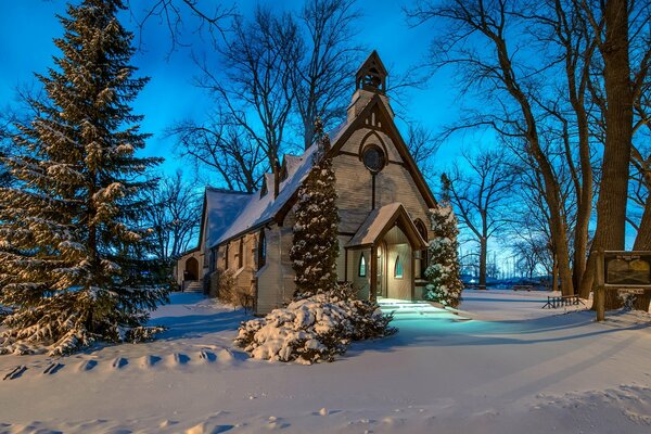 Verschneiter Weihnachtsbaum am Tempel