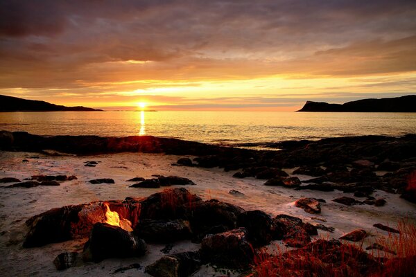 Sunset on the beach in winter