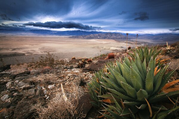 Landscape in southern California against the background of a storm