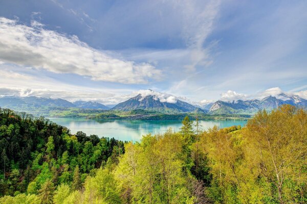 Autumn lake in the mountains on a sunny day