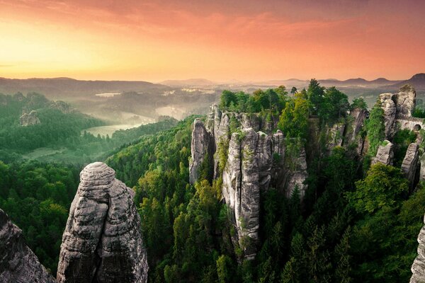 Dämmerung über Wald und Felsen