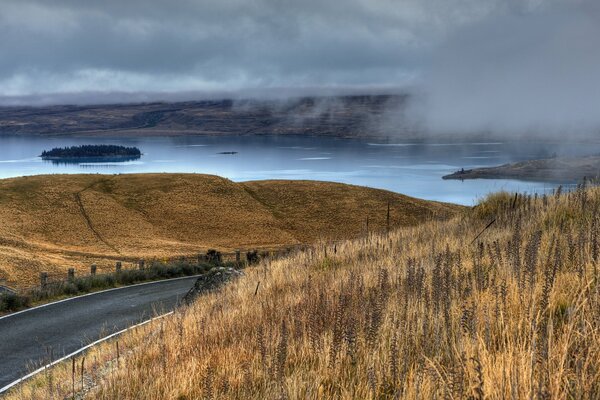 Camino al lago en la niebla