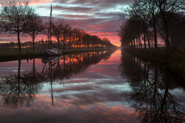 Romantic sunset and landscape in Friesland