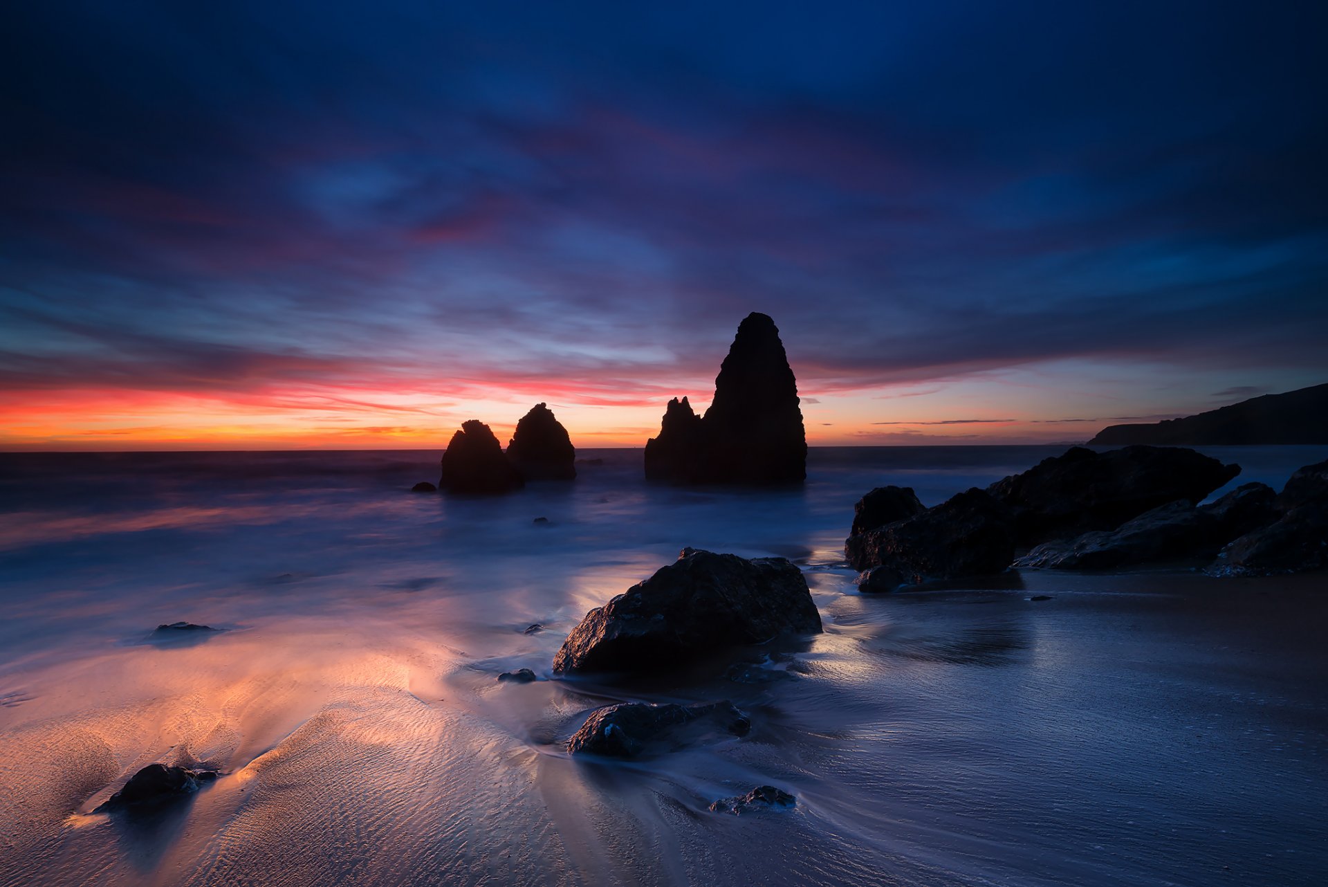 stati uniti california oceano stretto costa sabbia rocce rocce sera tramonto arancione blu cielo nuvole