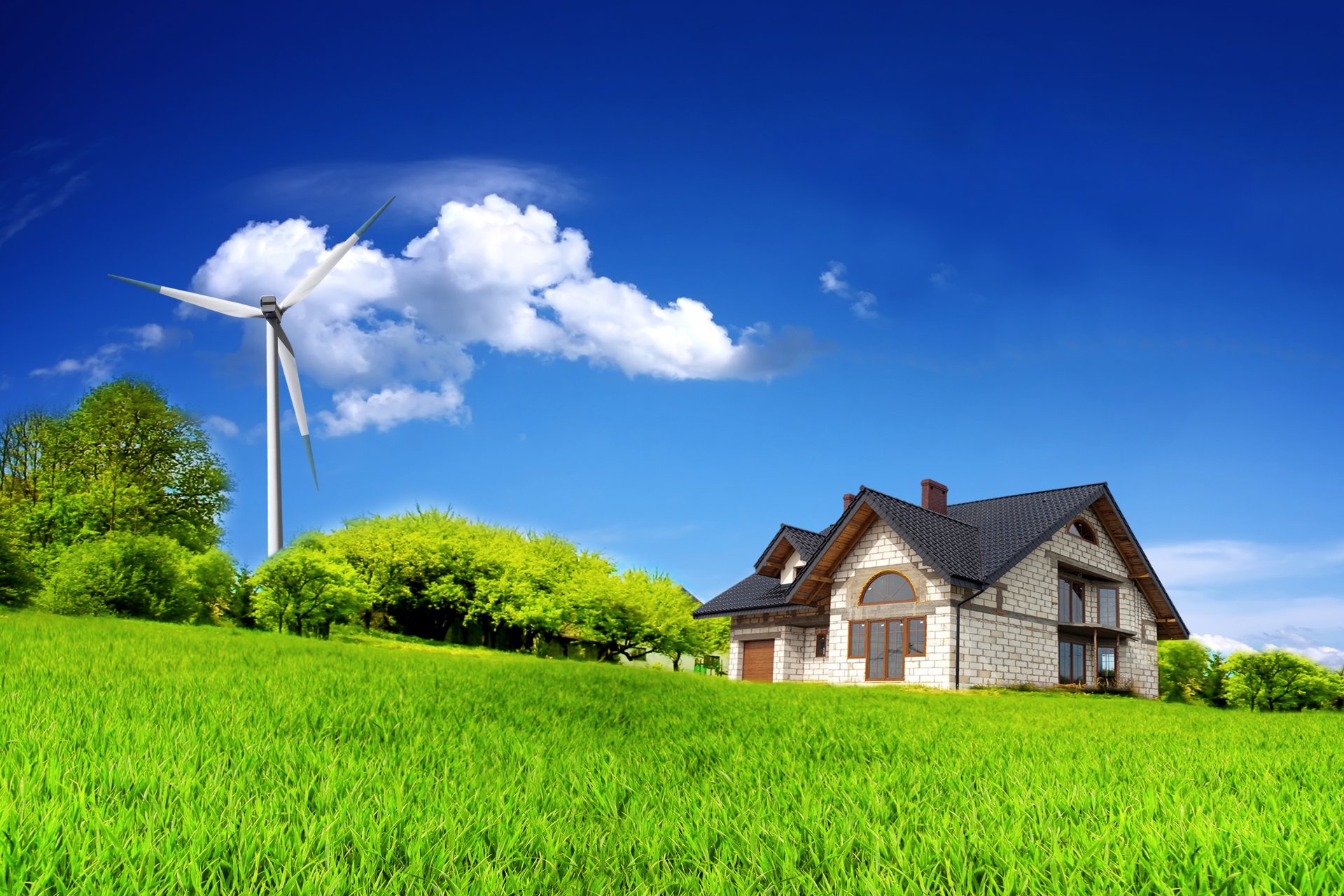 sommer haus feld bäume himmel wolken windmühle generator sommer windmühle windgenerator