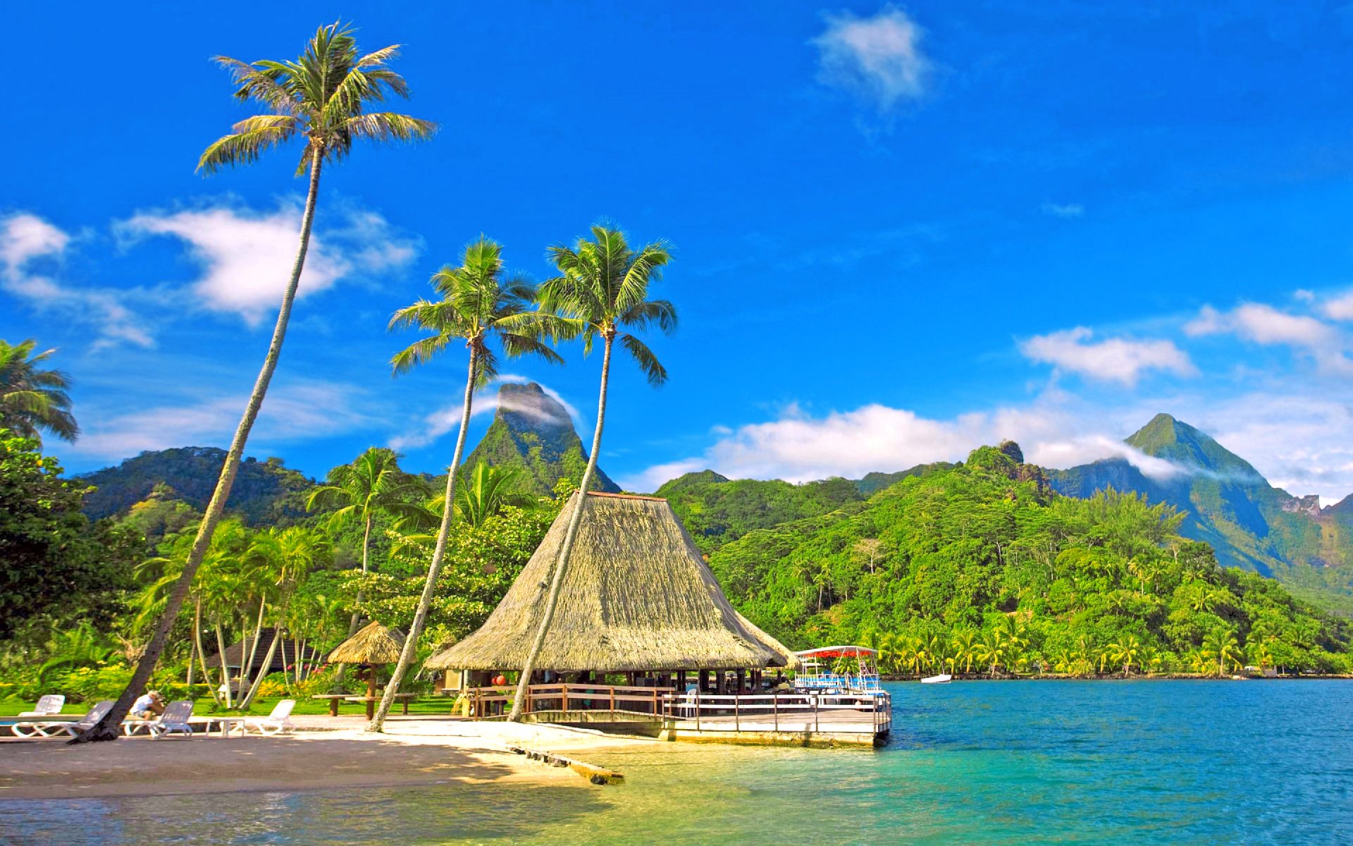 mer ciel palmiers cabane bungalow montagnes nuages collines vacances vacances