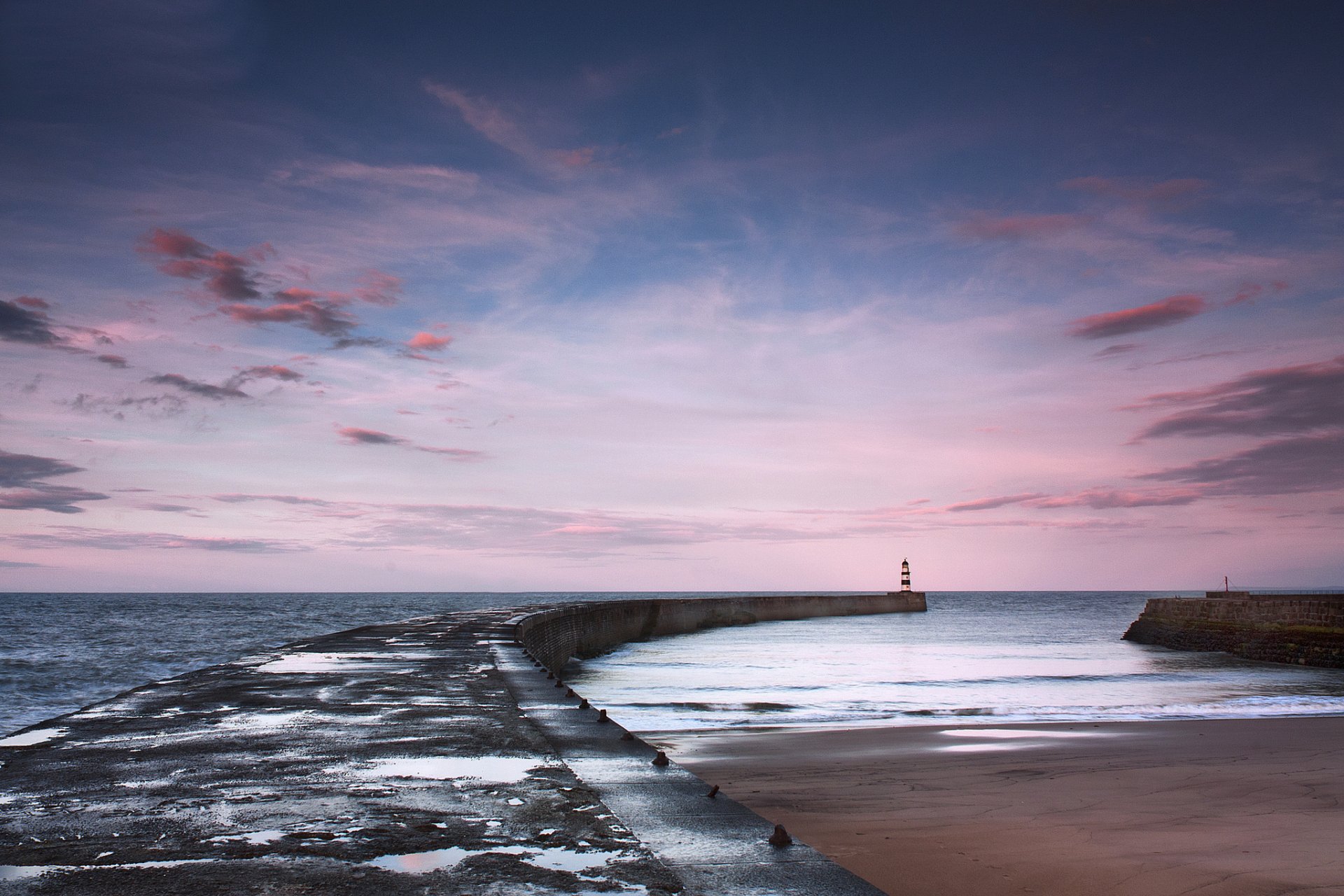 meer pier leuchtturm sonnenuntergang