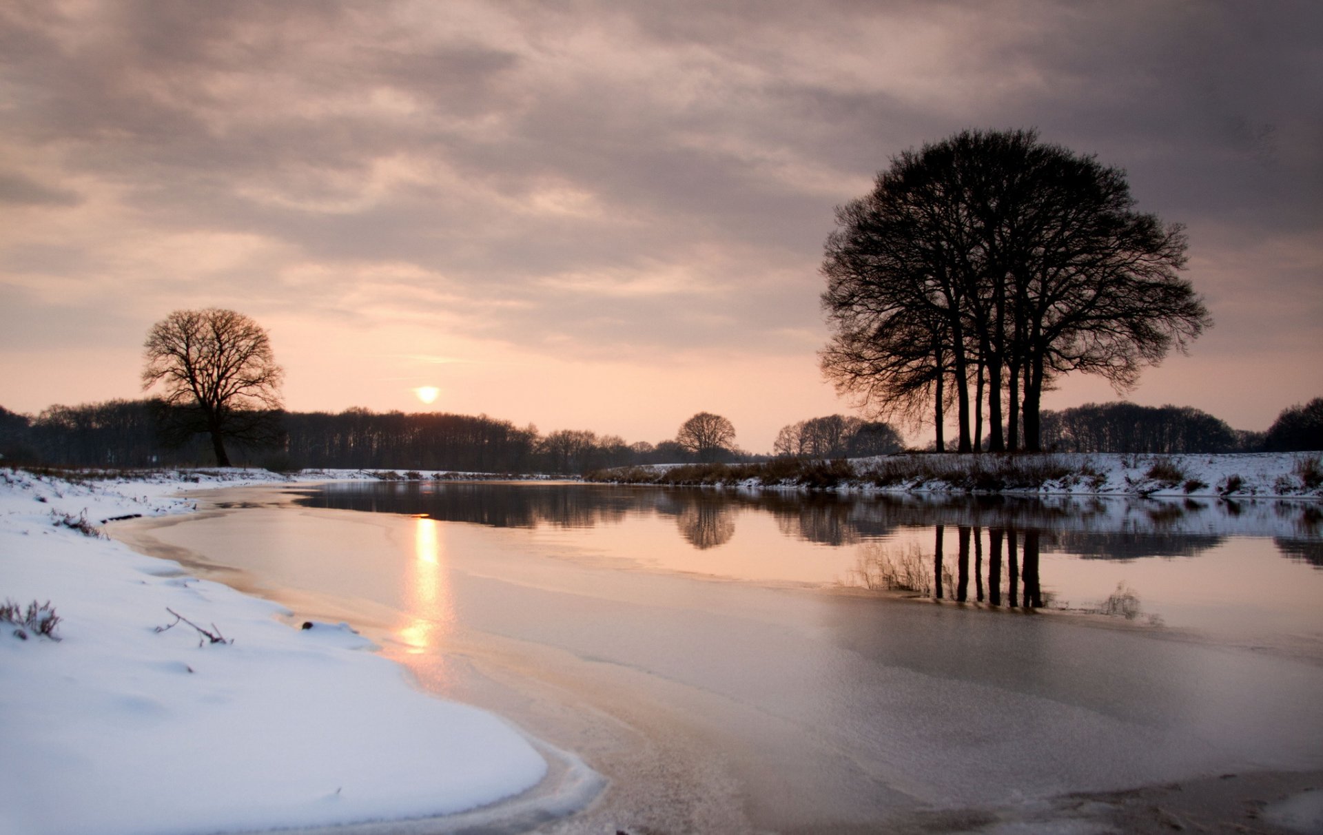 winter abend bäume fluss eis schnee sonnenuntergang