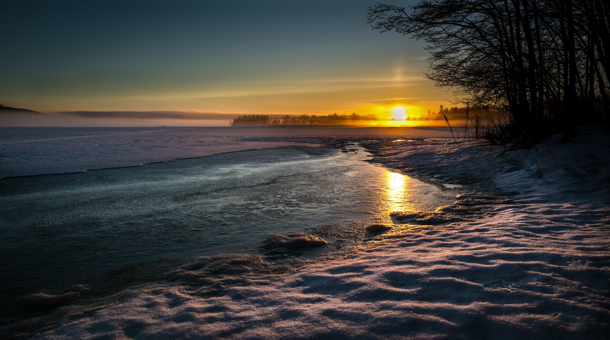 nature paysage hiver neige eau soir coucher de soleil soleil