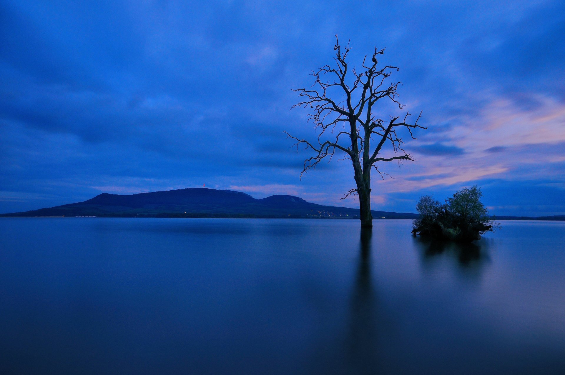 montaña lago árbol noche crepúsculo