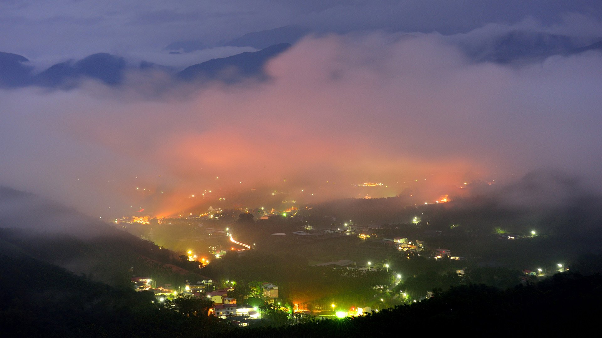 night hills town lights height top view fog