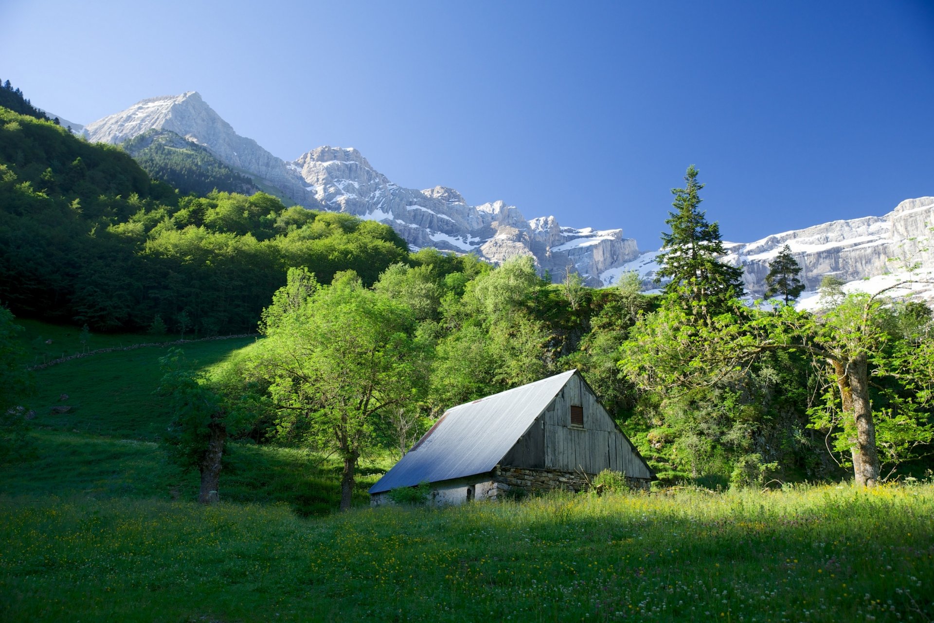 gavarnie france gavarnie trees hut clearing mountain