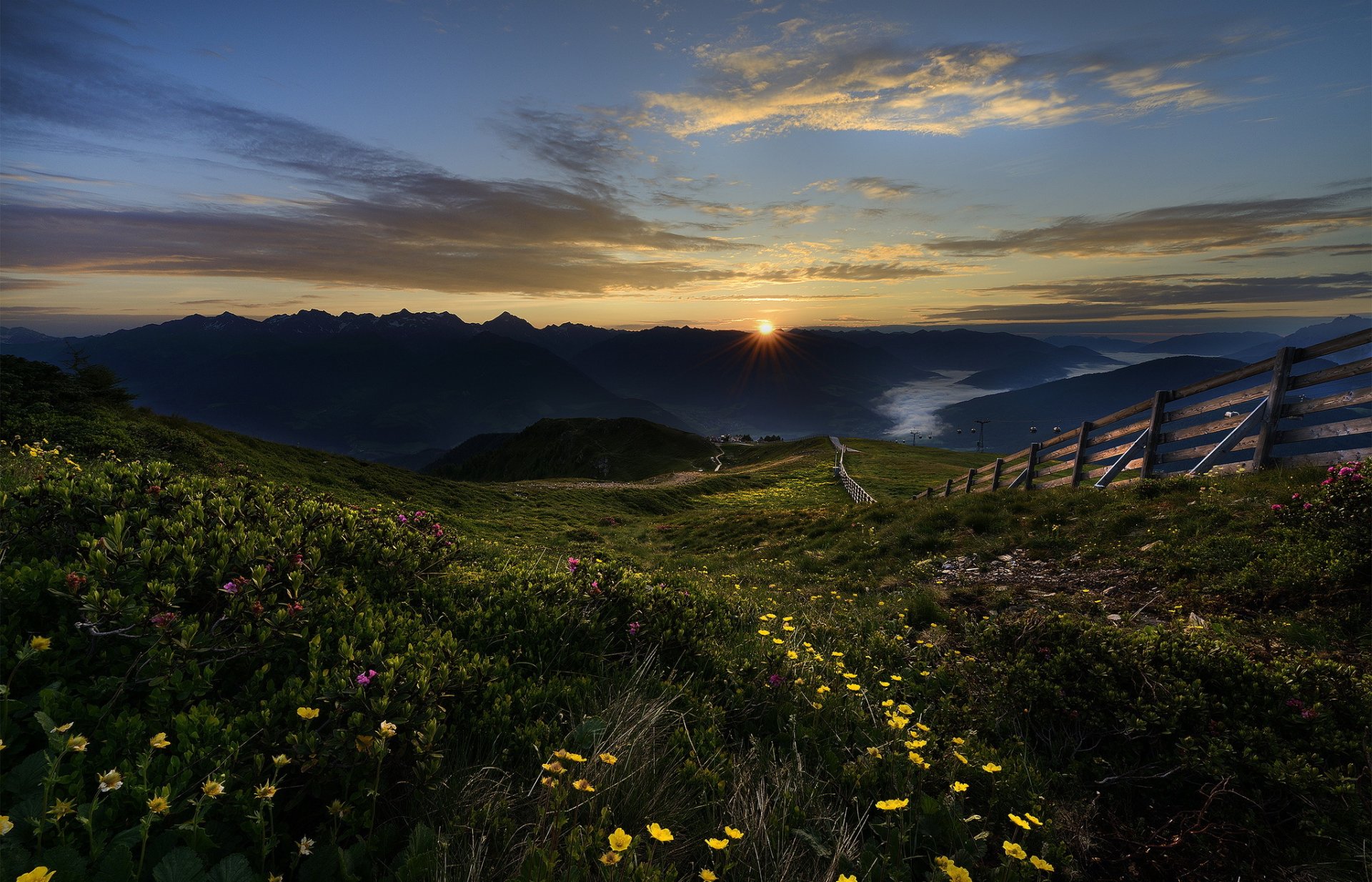 berge zaun blumen sonne dämmerung