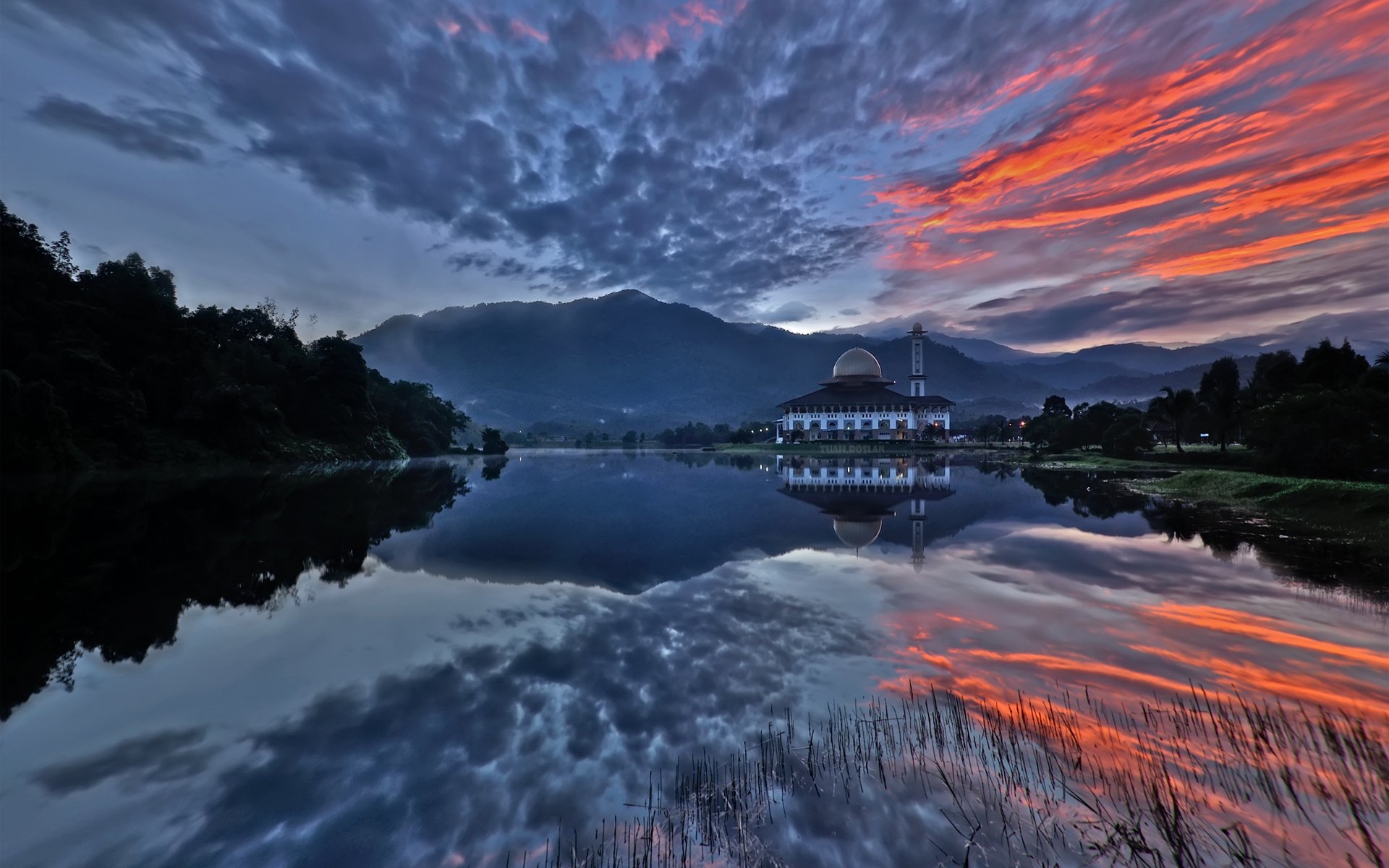 lake sunset forest building clouds dome tower