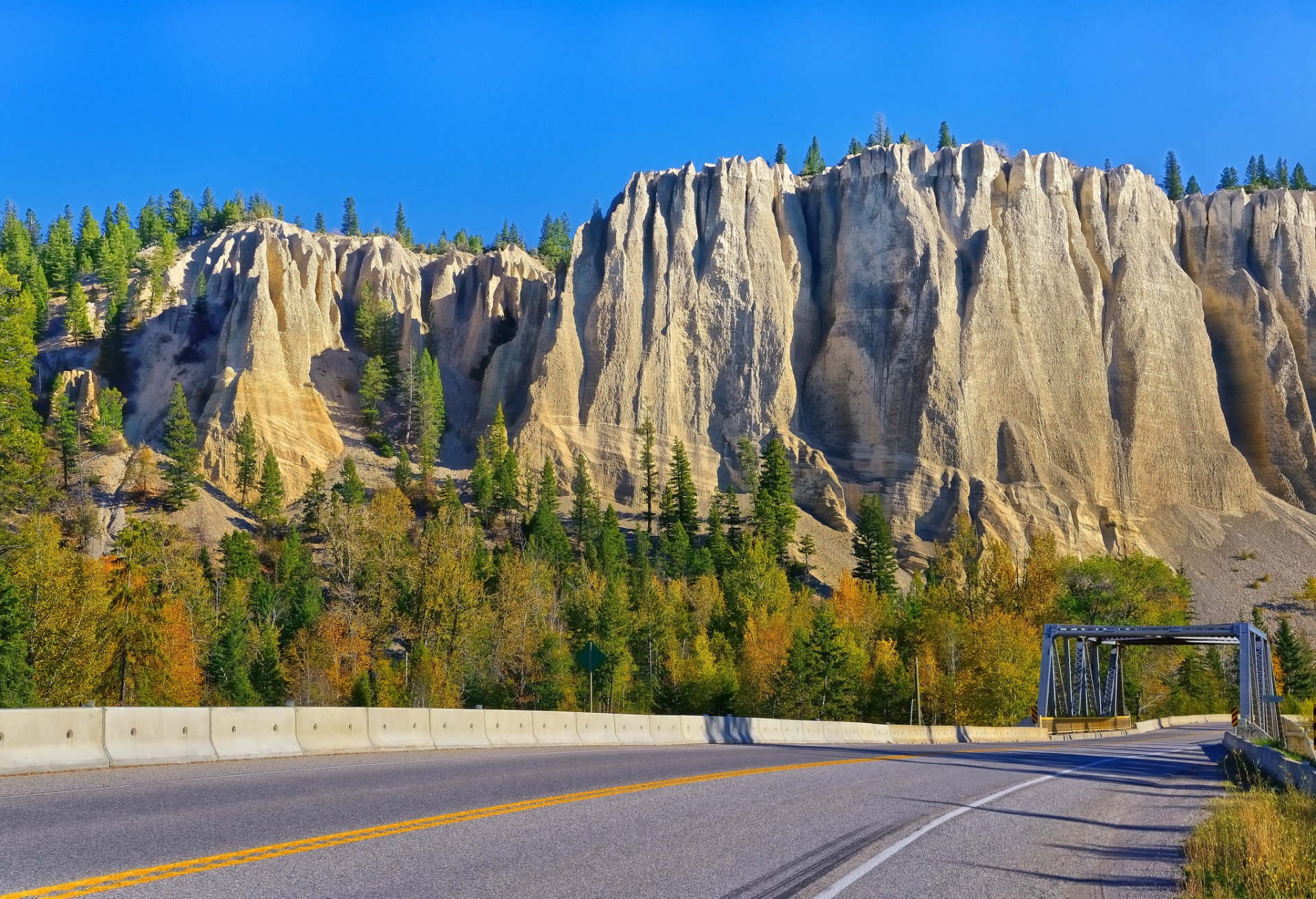 dutch creek hoodoos british columbia canada road bridge tree rock mountain