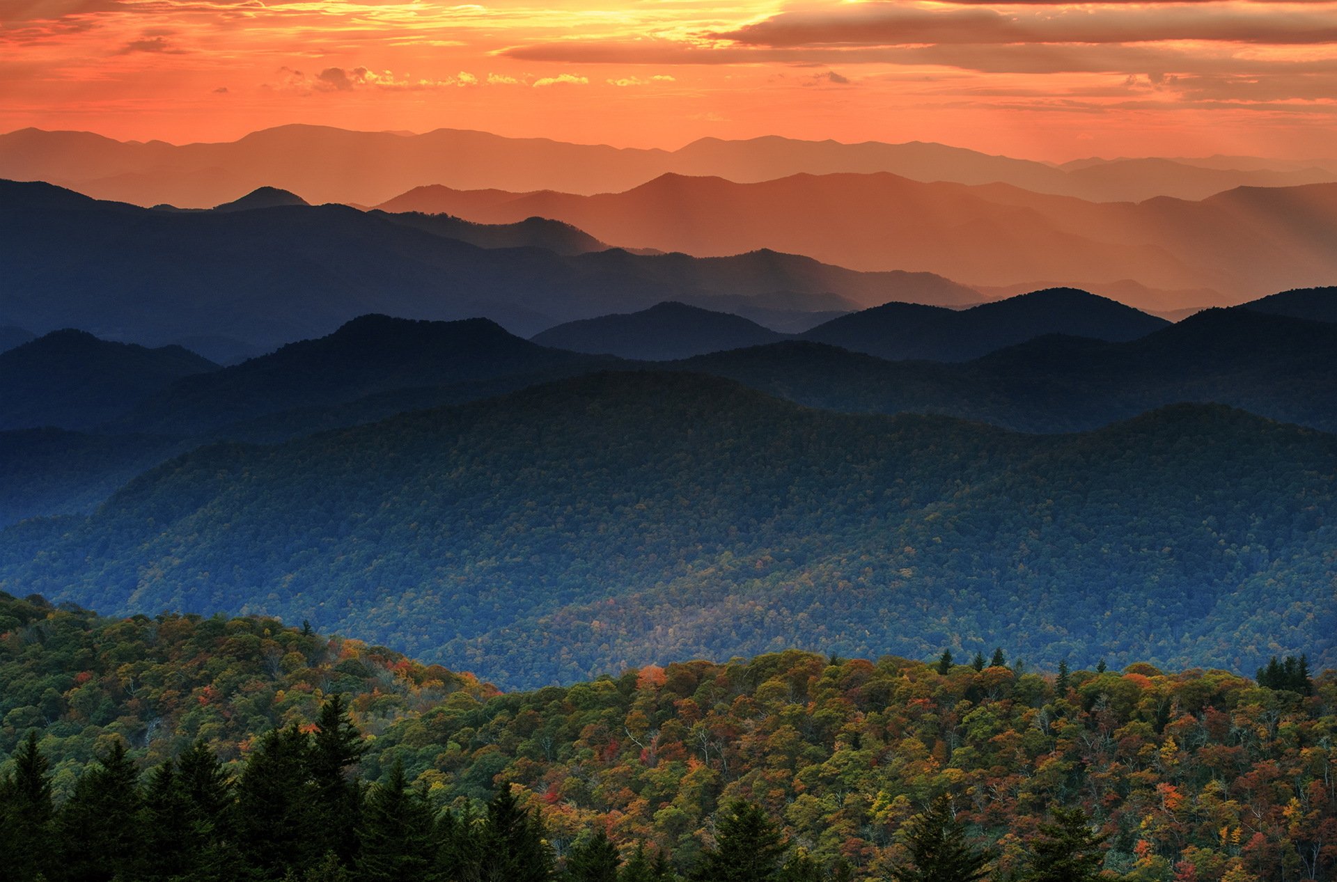 montagnes forêt automne coucher de soleil