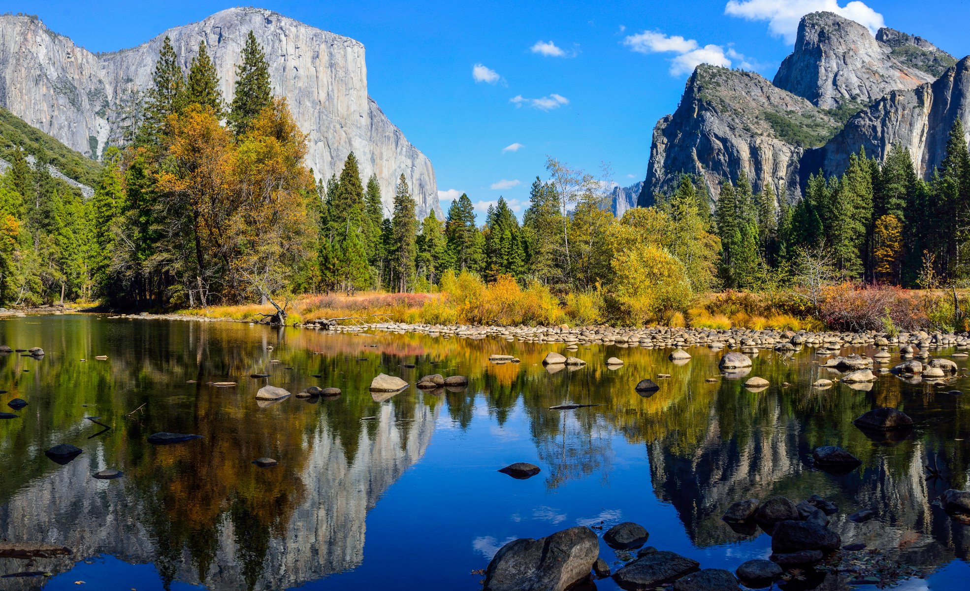 yosemite national park sierra nevada mountain lake river forest tree sky clouds stones rock autumn reflection