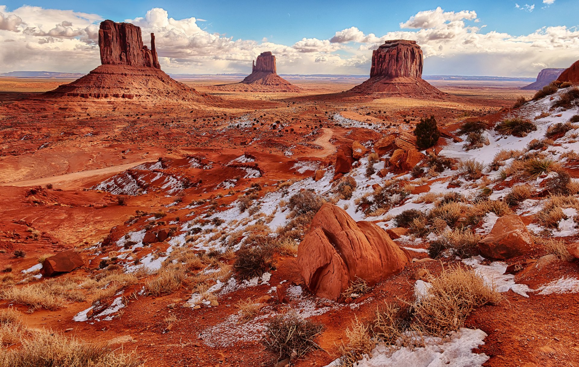 estados unidos arizona valle del monumento rocas desierto nieve cielo nubes