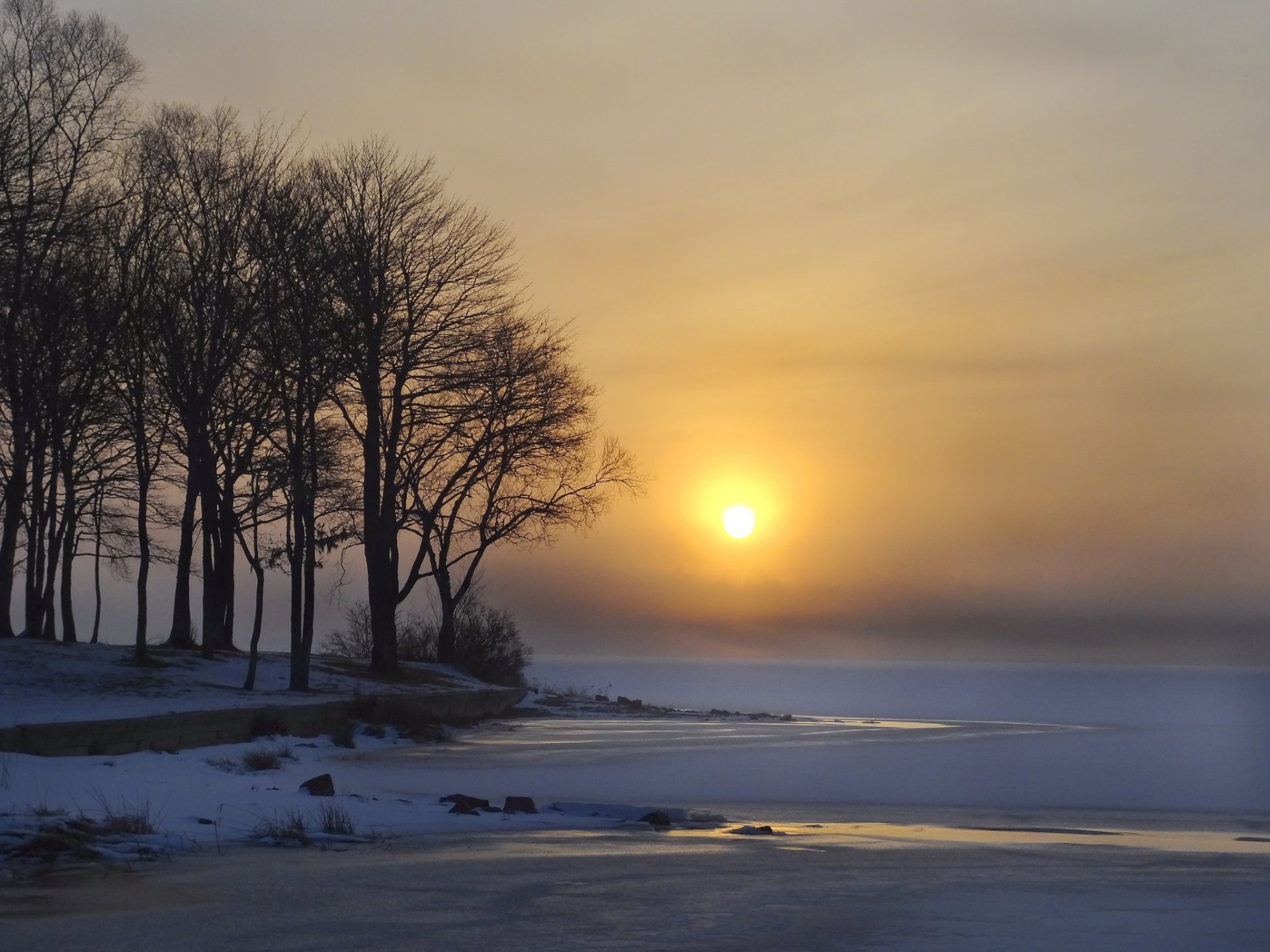 inverno lago ghiaccio neve alberi sole alba