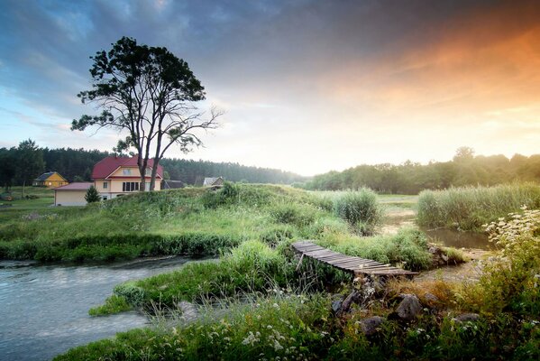 Morning at sunrise in the village