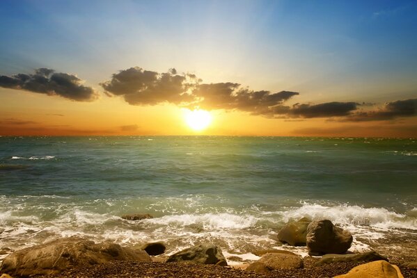 Seashore at evening sunset