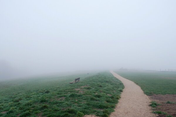 On the way to the field there is a bench and fog