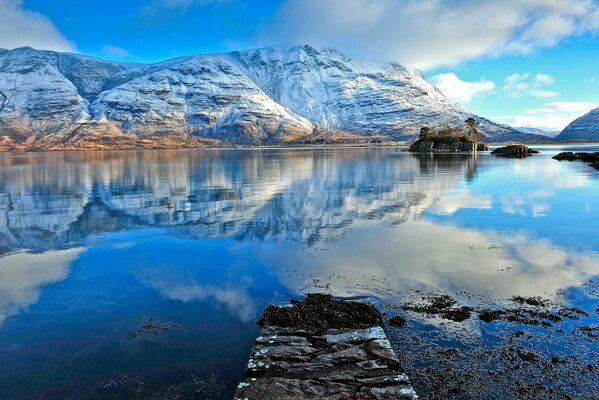 Reflection of snow-capped mountains in the water