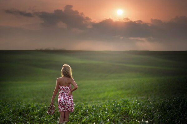 Fille marche sur le champ vert