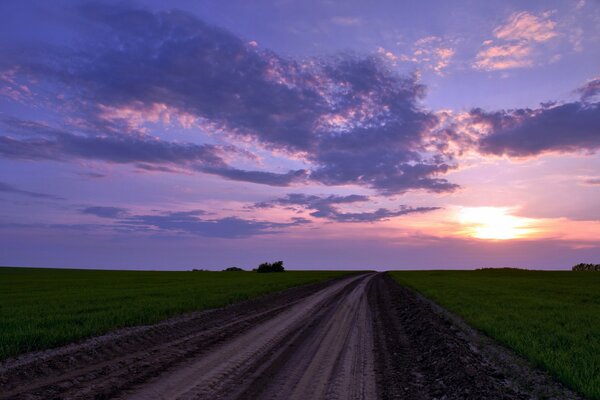 Purpurroter Sonnenuntergang. Erdige Straße