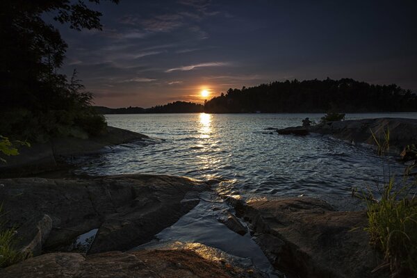 Beau coucher de soleil sur le lac sur fond de forêt