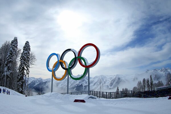 Olempian rings in the mountains in winter