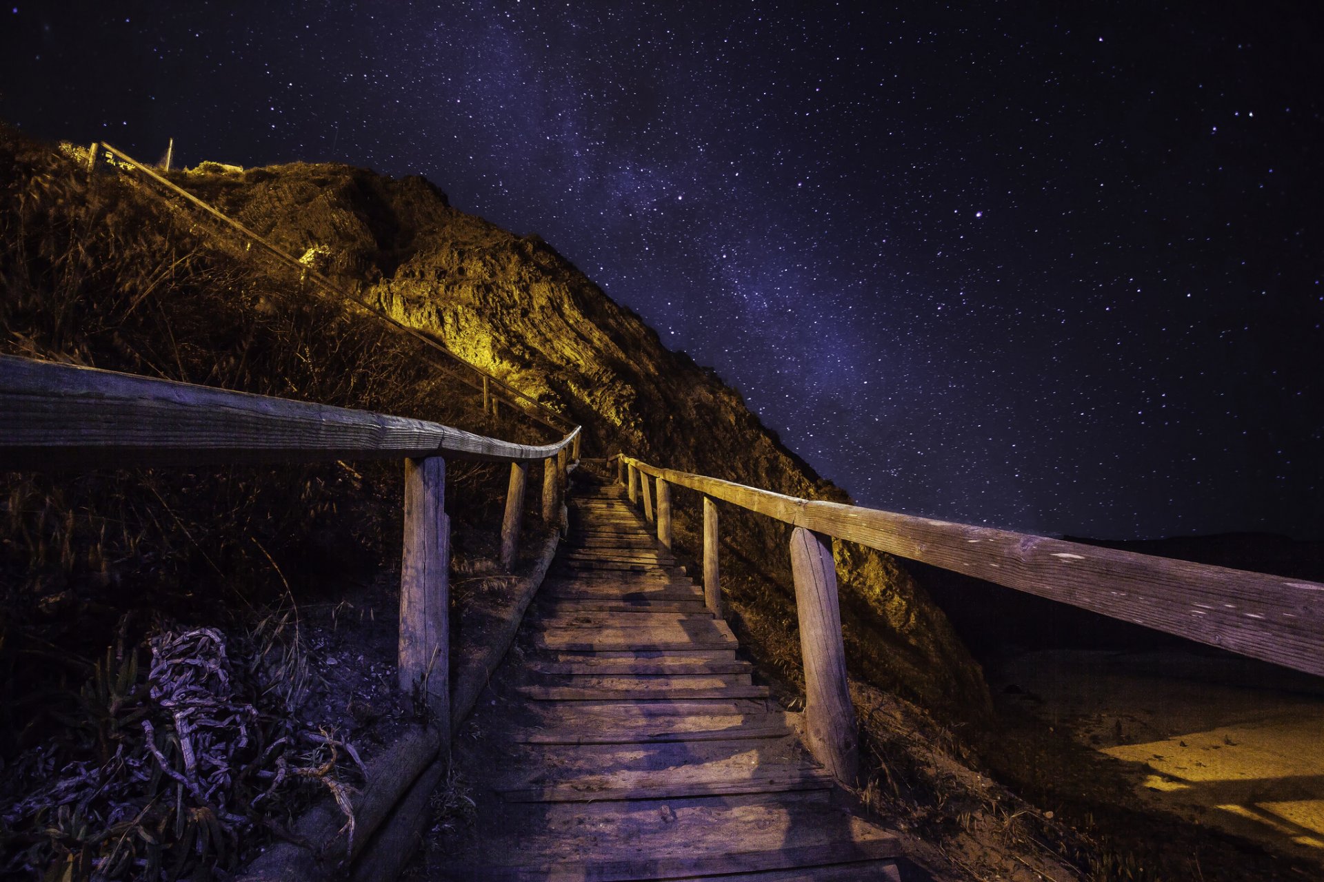 mountain stairs rails night star milky way