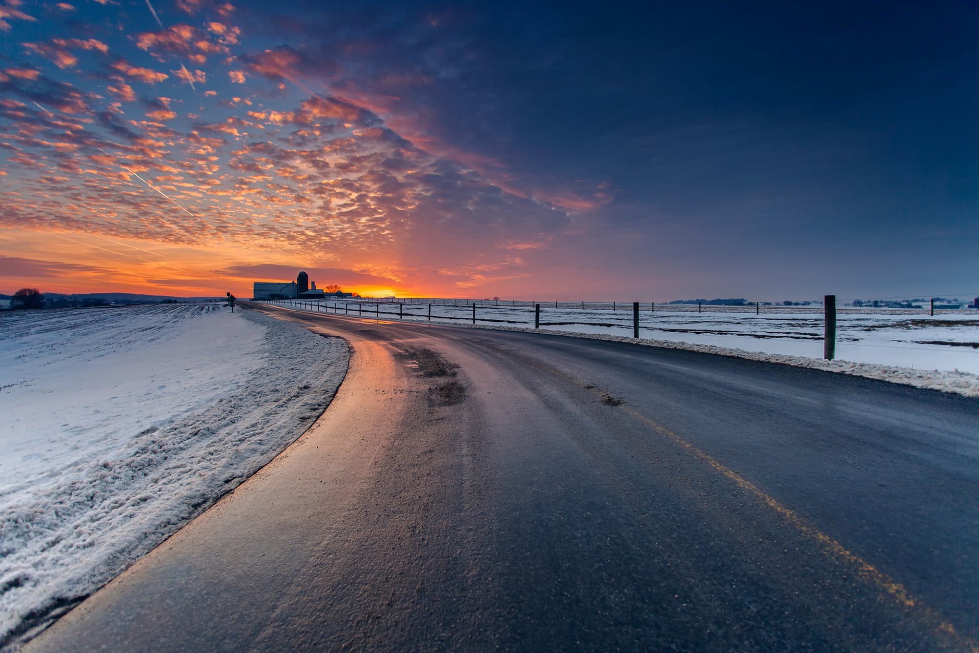 nature landscape winter snow road twilight sunset sky cloud