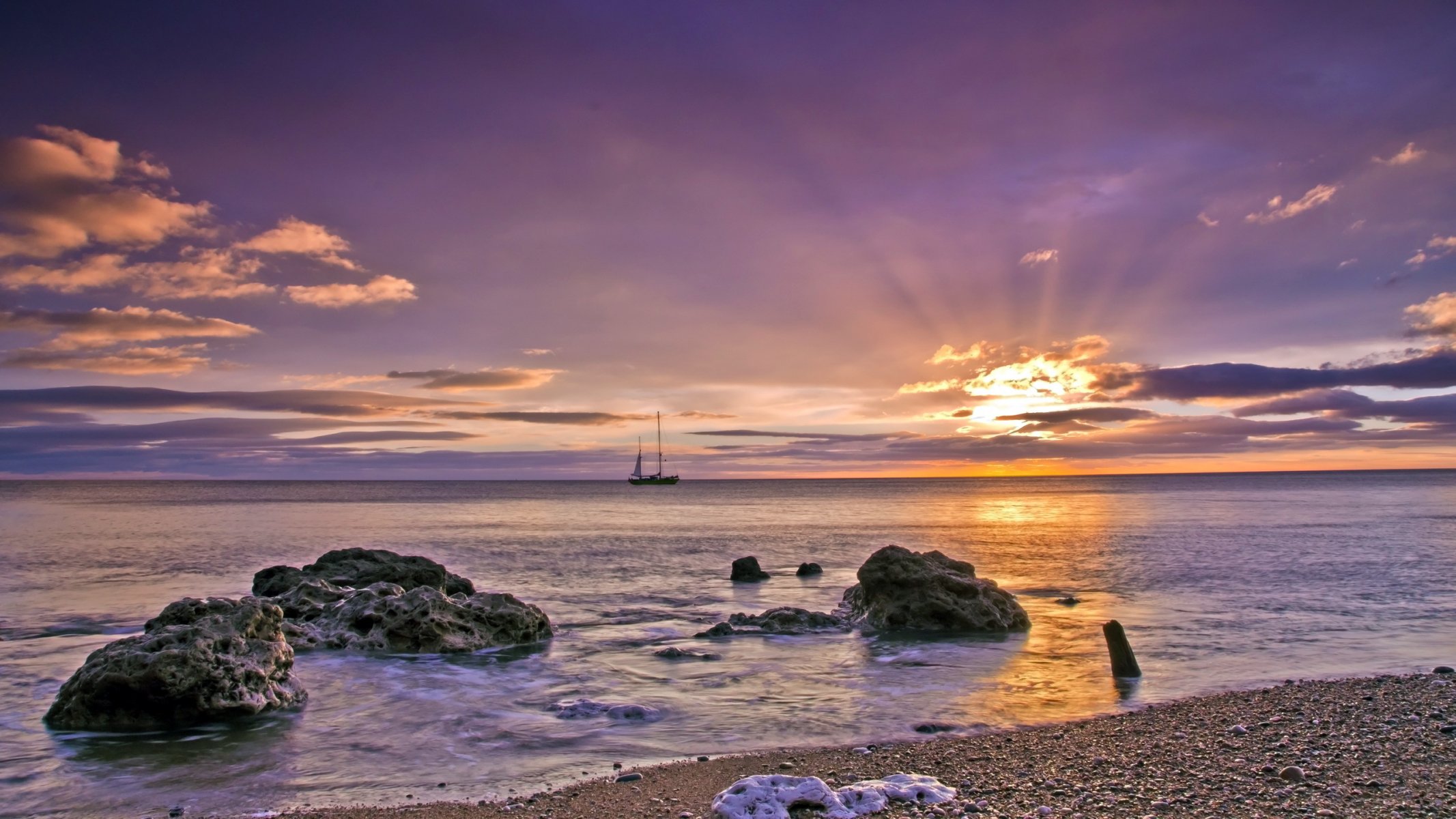 mer coucher de soleil navire paysage