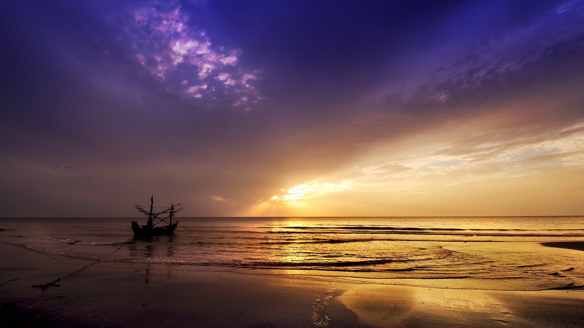 unset sea boat landscape