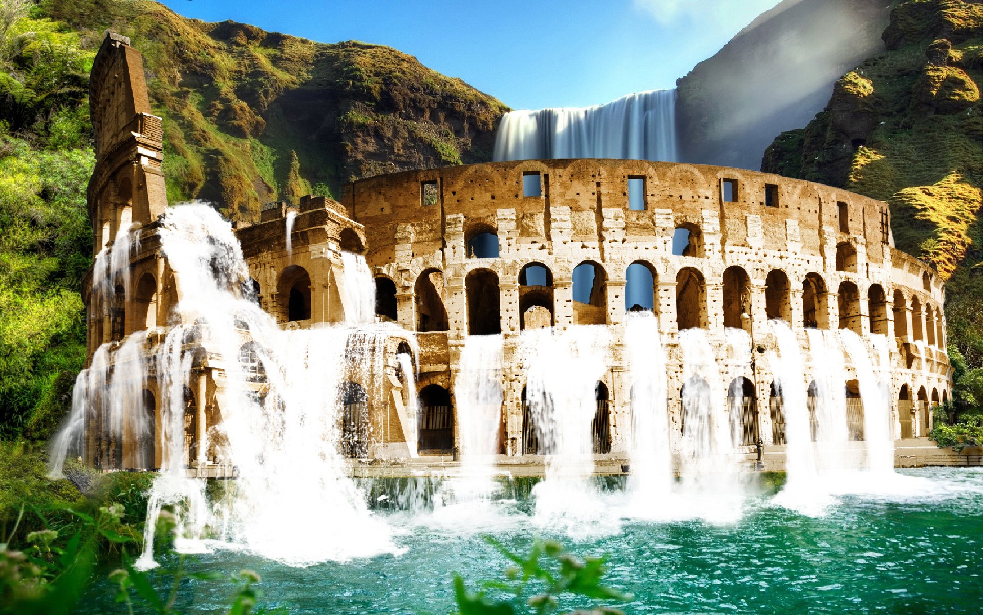 colosseo cascata acqua montagne verde paesaggio