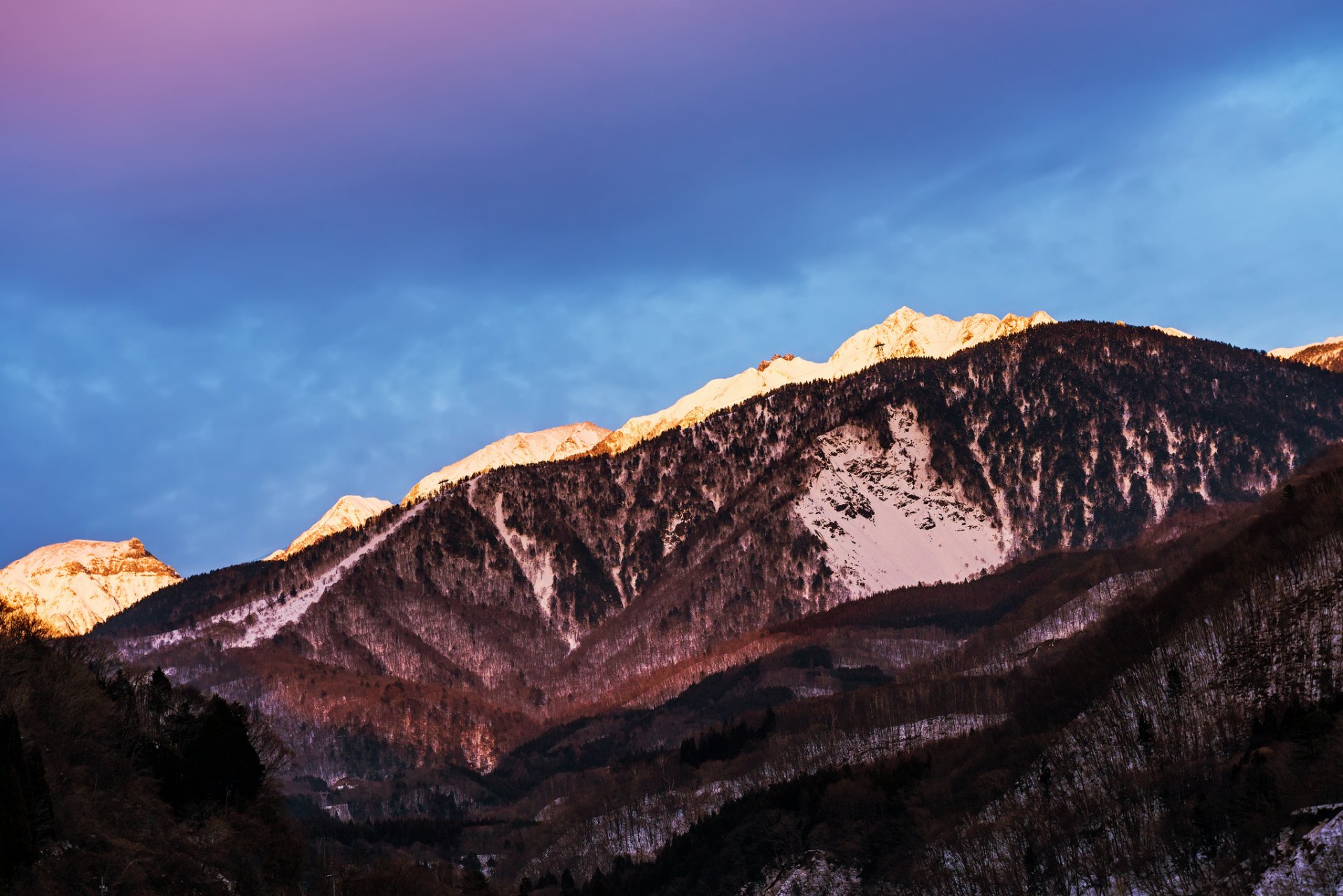 japan präfektur nagano berge schnee blau flieder himmel