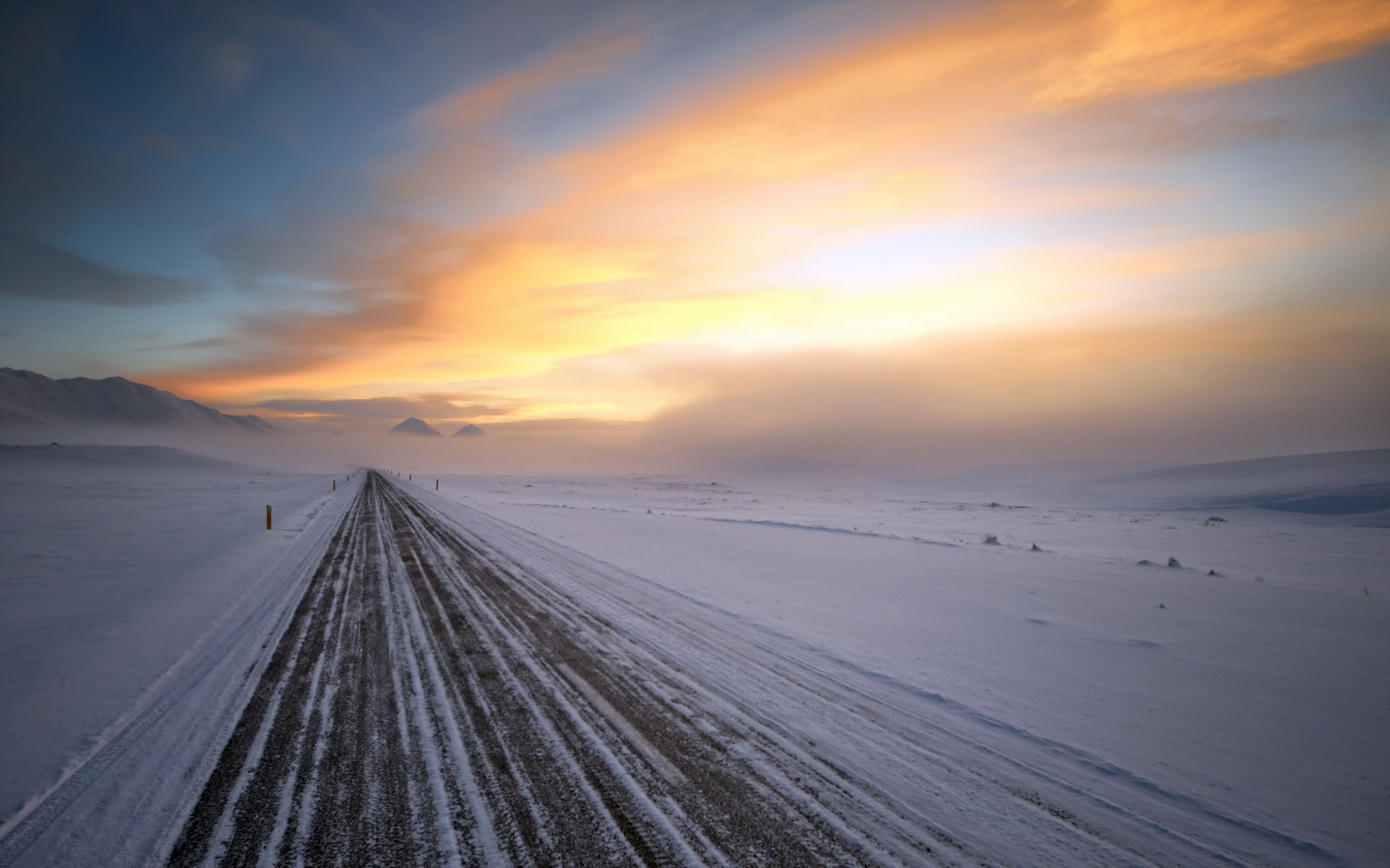 route hiver coucher de soleil paysage