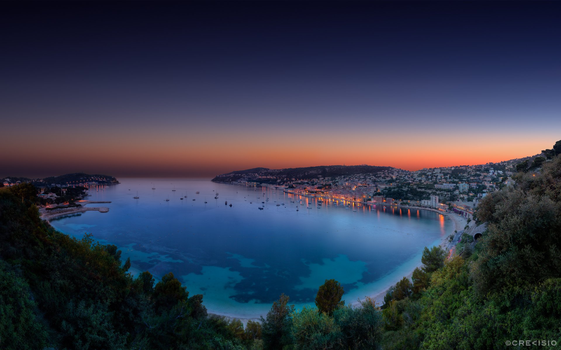 villefranche-sur-mer côte d azur soirée panorama baie baie crépuscule coucher de soleil monaco