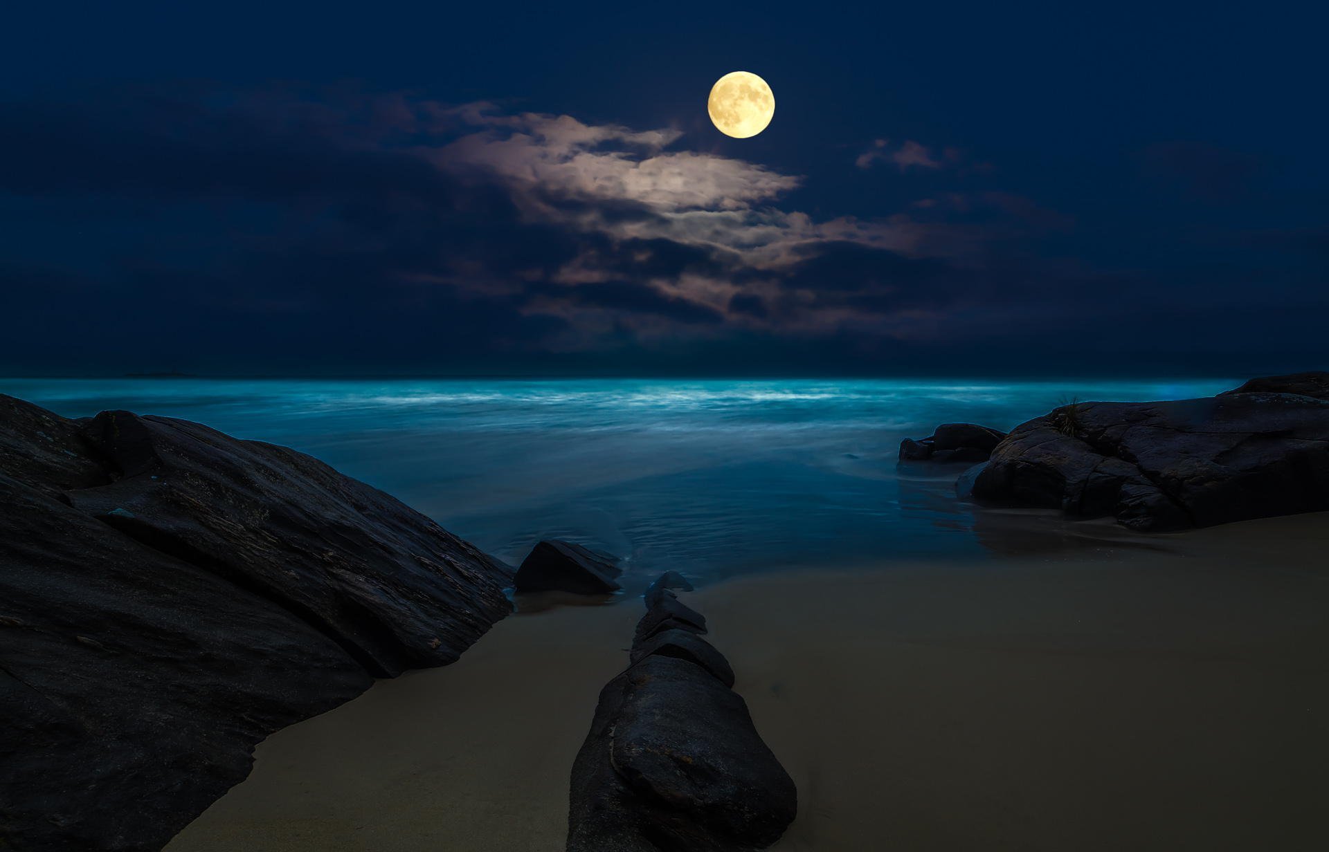 beach night sea moon full moon rock