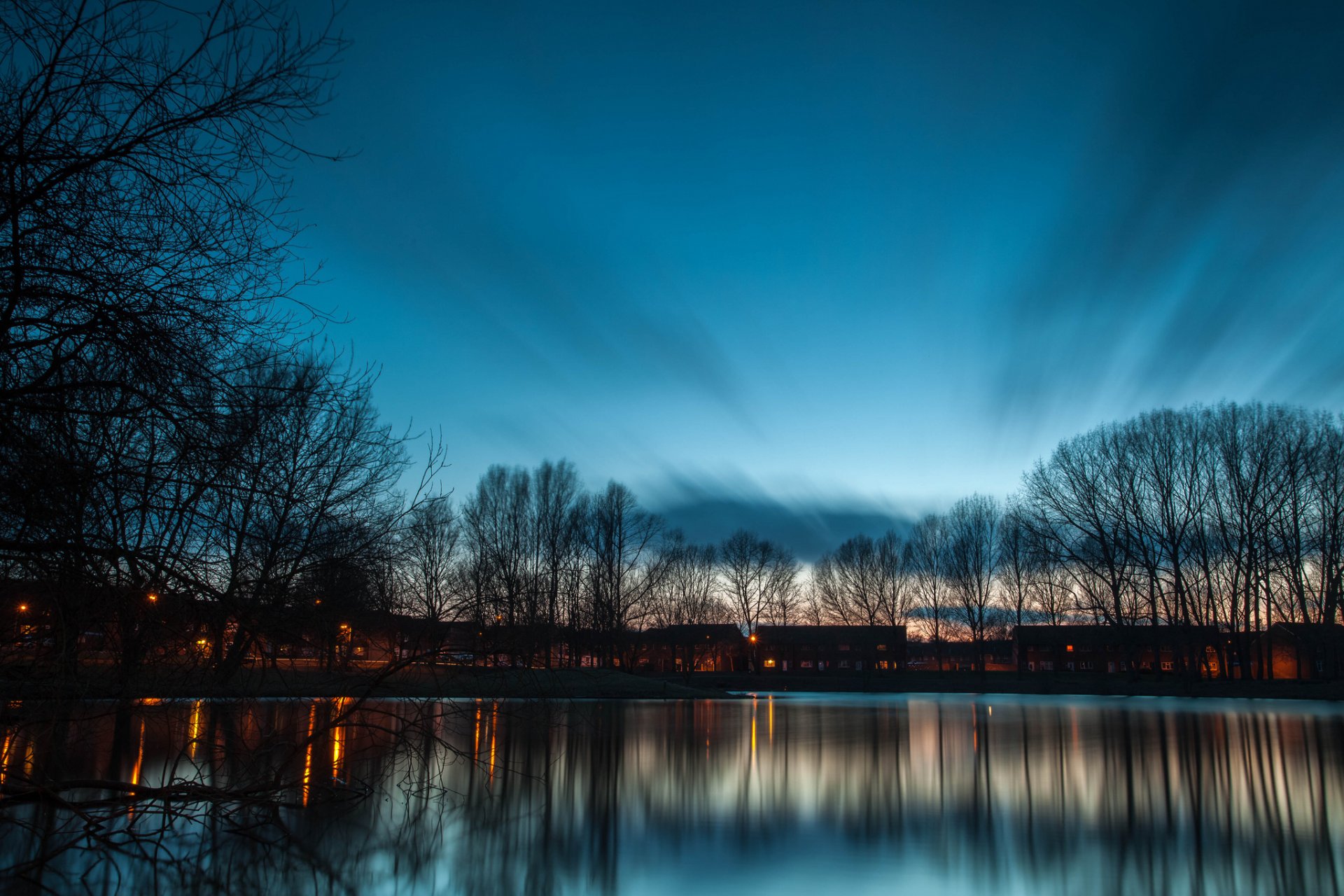 zuhause bäume see teich abend dämmerung