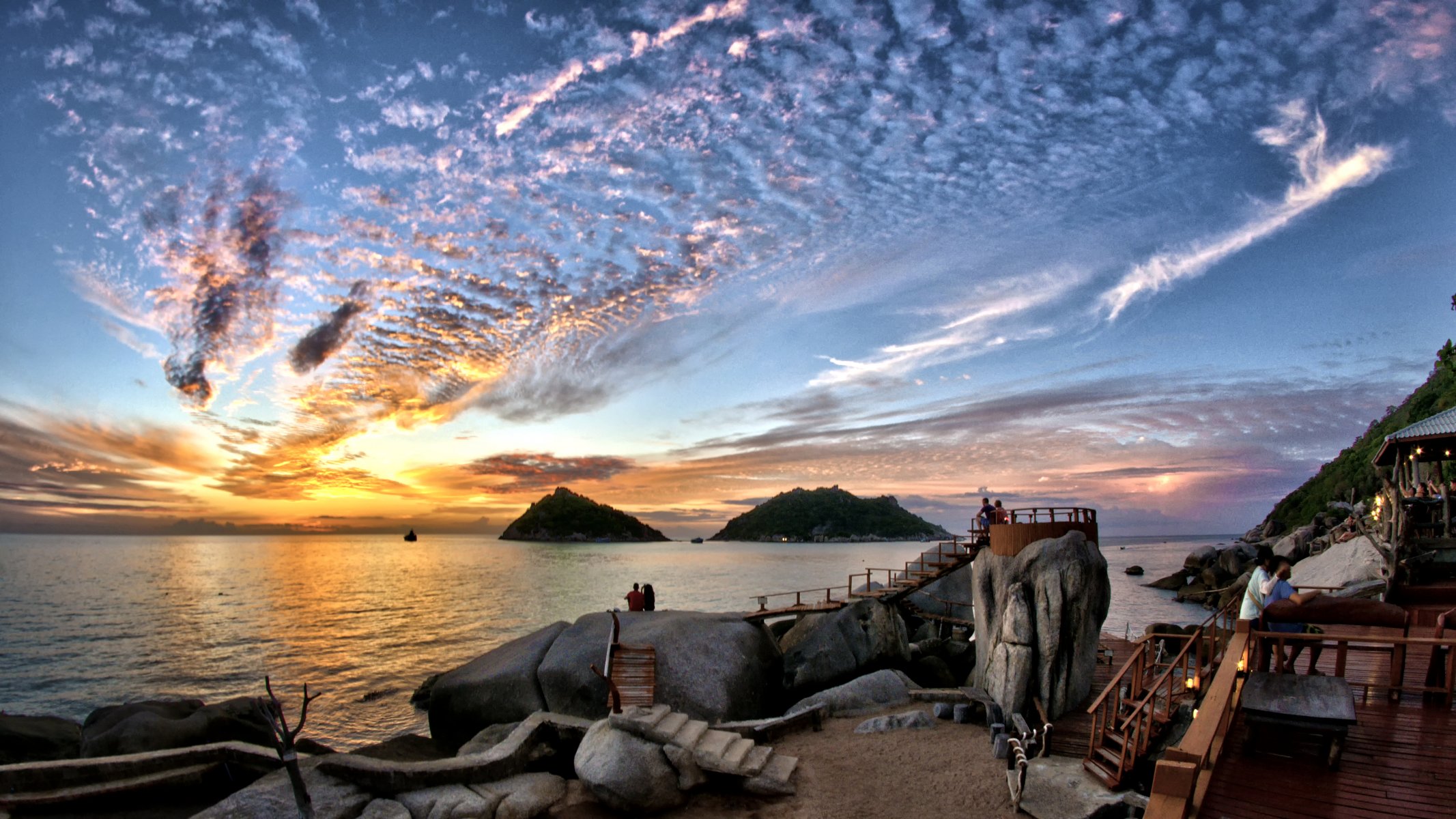 thailand golf von thailand insel koh tao schildkröteninsel abend küste steine aussichtsplattformen café besucher himmel wolken sonnenuntergang erholungsparadies