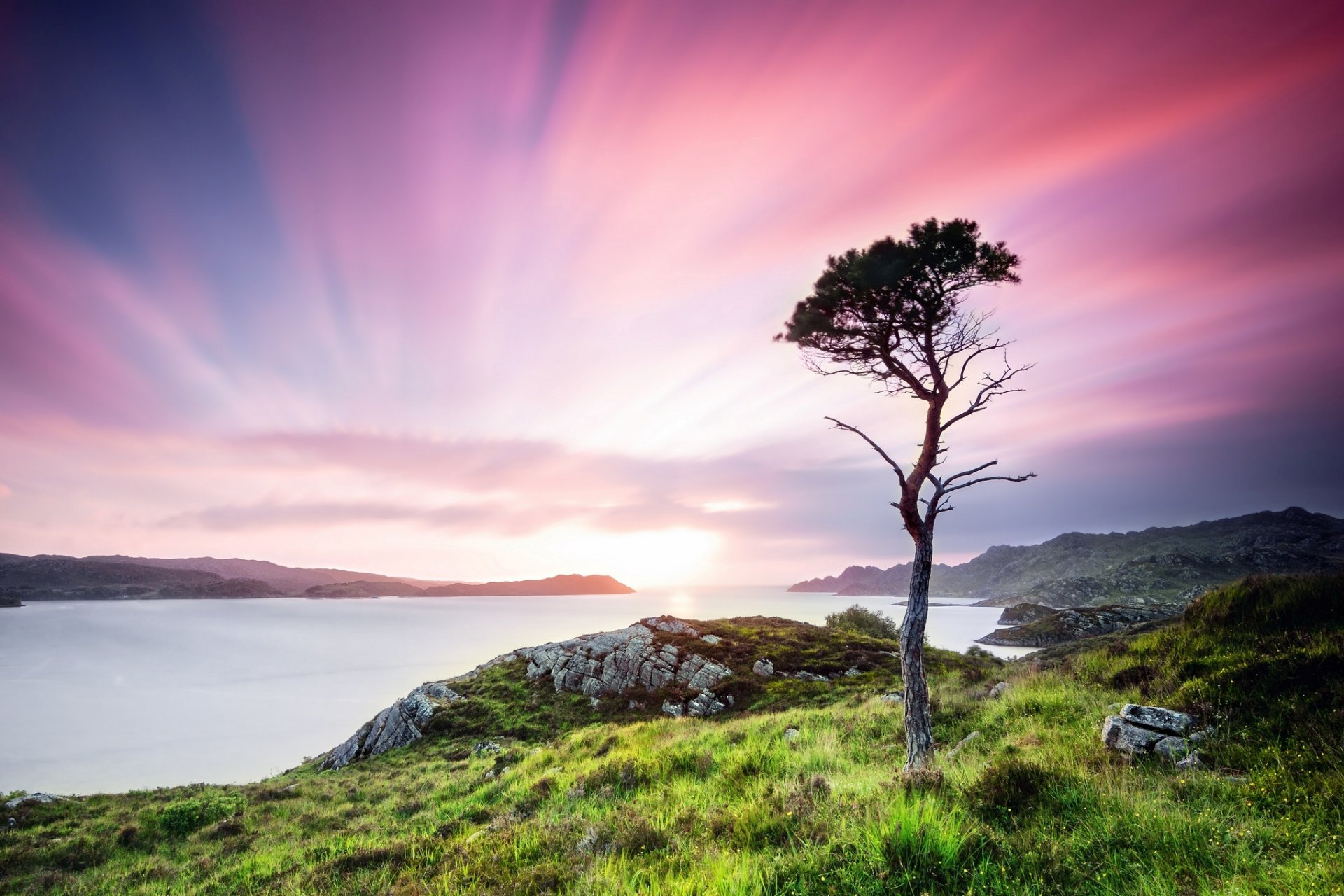 schottland großbritannien sonnenuntergang dämmerung sommer natur landschaft bäume baum grün steine wasser gras tal