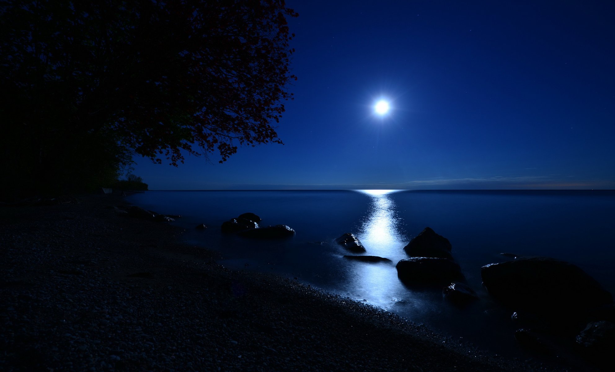 night lake stones moon