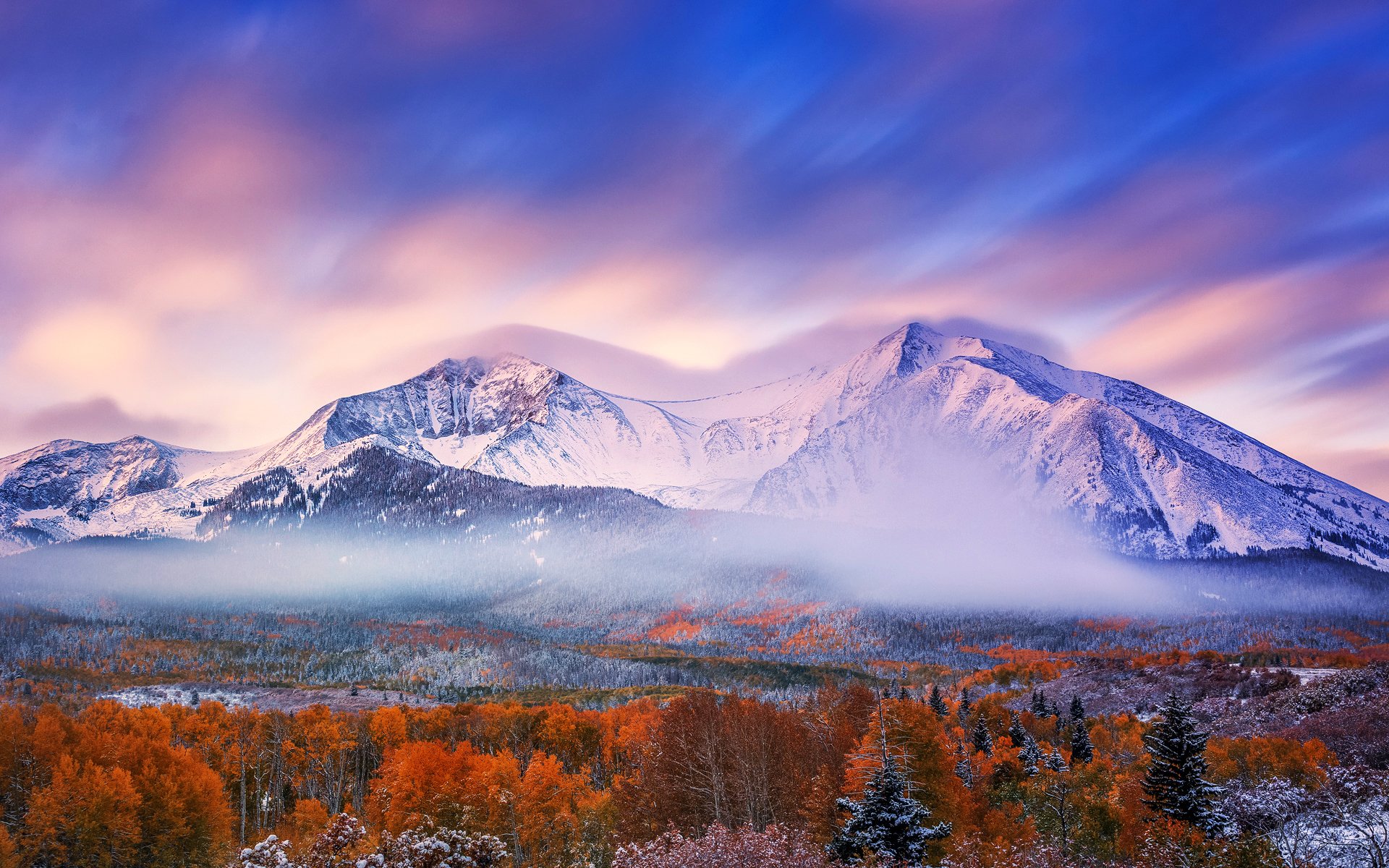 mountain morning sky snow forest autumn