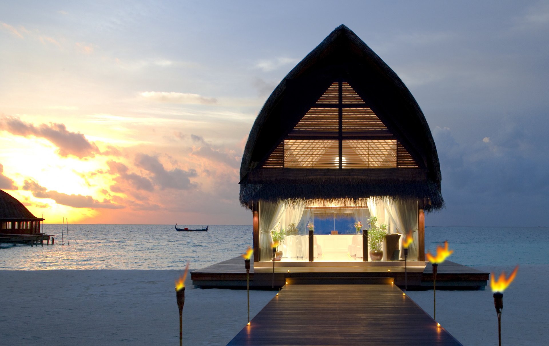 the maldives islands beach sea boat bungalow sky sunset