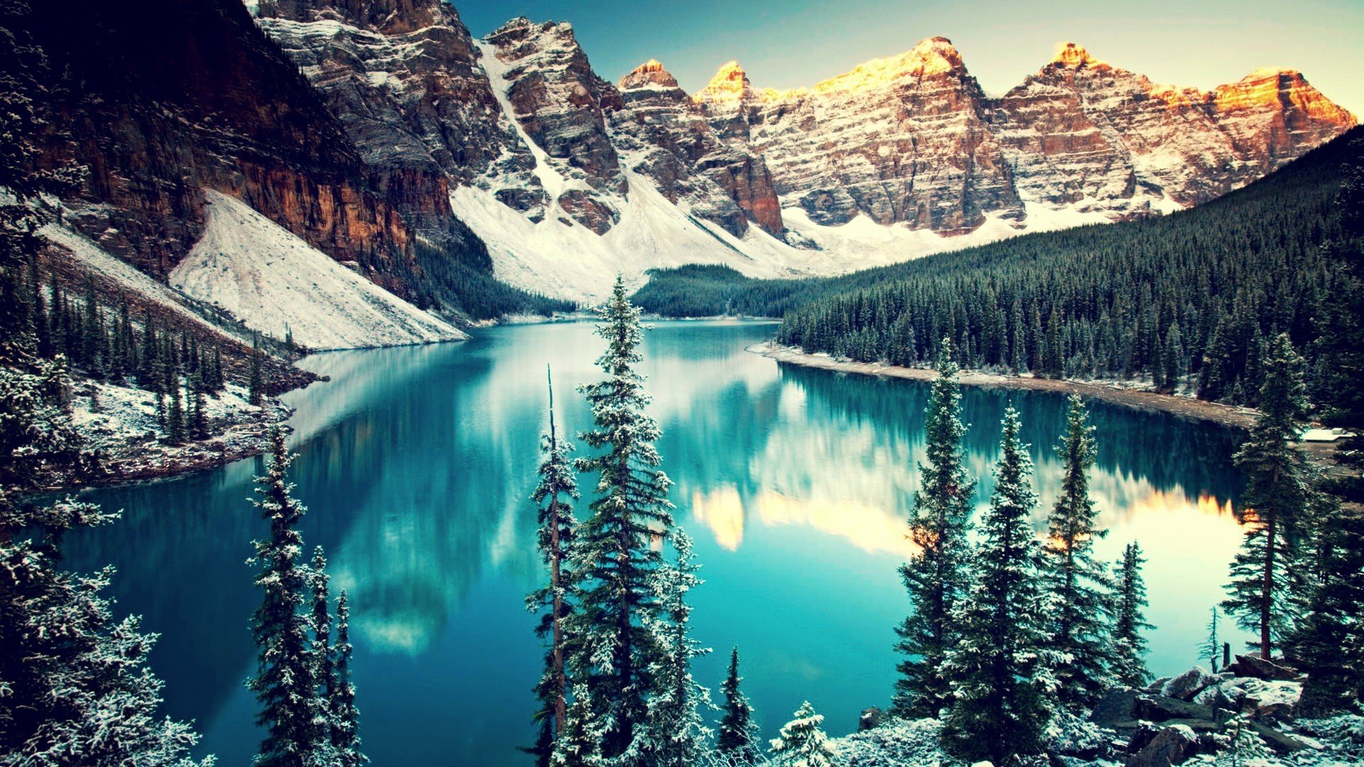 landscape mountains lake water mountains. water nature winter snow trees canada lake